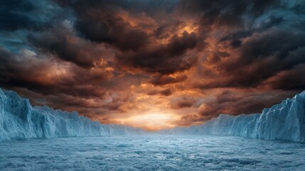Fototapeta premium Dramatic Glacial Vista: A breathtaking panoramic vista unveils towering glacial walls, bathed in the ethereal glow of a stormy, yet stunning, sky.