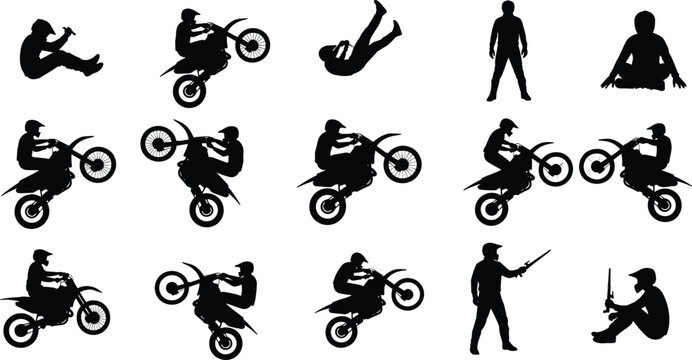 Large collection of motocross dirt bike rider silhouettes performing extreme stunts jumps and wheelies isolated on white background for sports graphic design