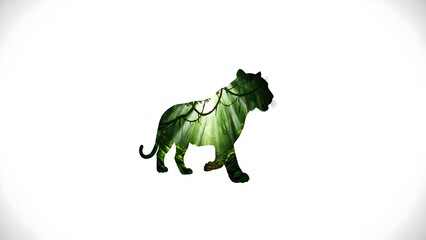 Fototapeta premium Silhouette profile of a majestic jungle cat filled with vibrant, sun-drenched rainforest imagery featuring lush green trees and hanging vines.