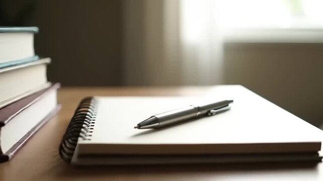 Minimalist Workspace with Spiral Notebook Pen and Stacked Books