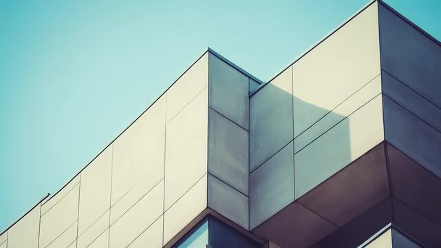 Building architecture showcasing contemporary design with a minimalist aesthetic, highlighting sharp angles and paneling creating an abstract geometric pattern against a clear sky