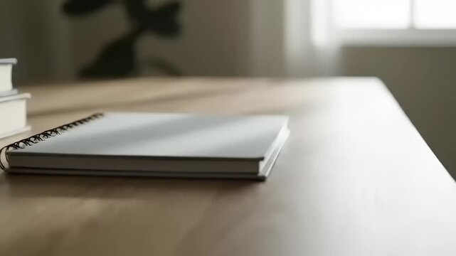 Blank Spiral Notebook on a Minimalist Wooden Desk in Natural Light