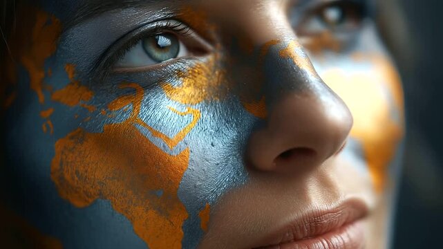 Close-up portrait of faceless woman with face painted as world map in metallic tones, unity and global connection symbolism, with copy space