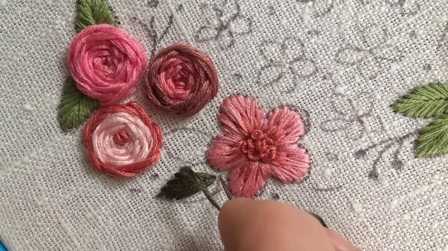 Fishbone stitch leaf embroidery tutorial. Close-up hand stitching realistic leaf shape with angled threads on fabric. Step-by-step botanical embroidery technique for beginners, Part 2