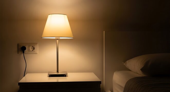 A dimly lit bedroom scene with a table lamp on a nightstand beside a bed