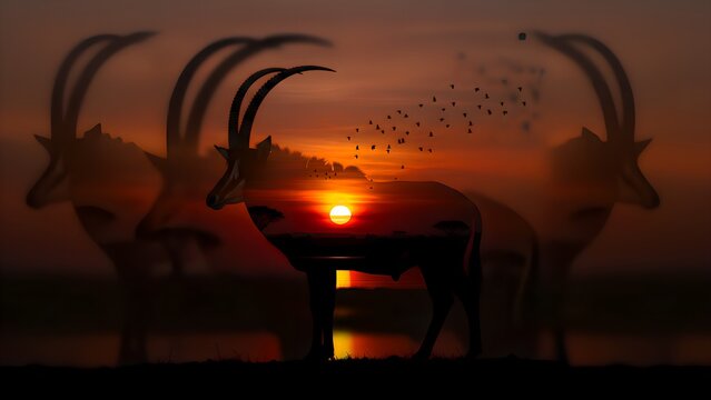 Striking double exposure artwork features a majestic sable antelope silhouette filled with an intense african savanna sunset scene, capturing wildlife beauty.