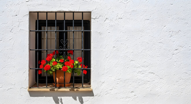Traditional Andalusian window with black iron grille, terracotta