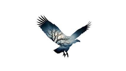 Striking silhouette of a soaring bird of prey featuring a dramatic double exposure effect filled with dark, gnarled tree branches under a moody, overcast sky.