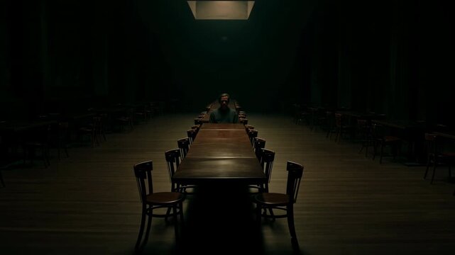 Secluded Figure In Atmospheric Room. Solitary Individual At Dimly Illuminated Event With Intense Shadows