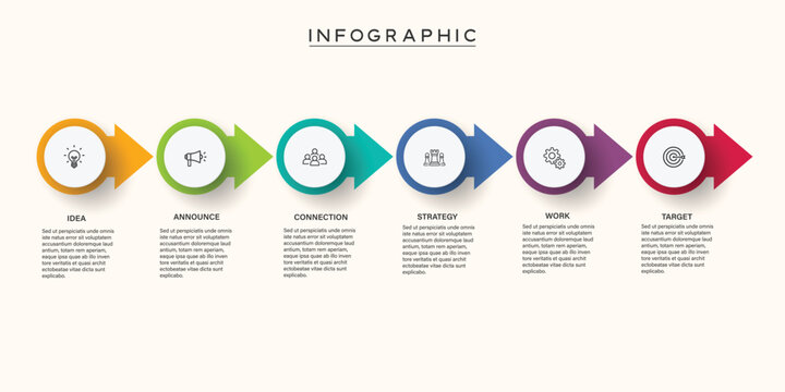 6 Stages Horizontal Arrow Process Infographic with Circular Icons.
