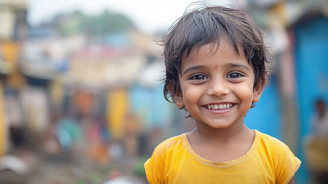 Little smiling Indian child on blurred background of Indian slums, India, Pakistan, Delhi, homeless kid, diversity, poverty, charity