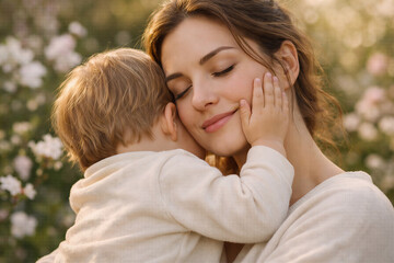 Fototapeta premium Close-up of a loving mother embracing her toddler in a spring garden, authentic motherhood and Mother's Day concept