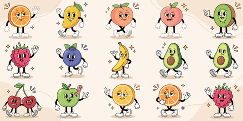 Playful Fruit Characters: A delightful collection of animated fruit characters, each with its own unique personality, joyfully waves and strikes a pose, exuding charm and friendliness. 