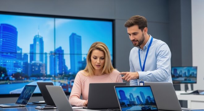 Tech-savvy woman and helpful sales associate review discounted electronic devices in a modern retail setting during an online shopping spree