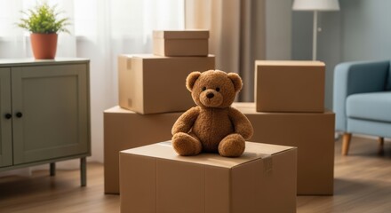 Well-loved brown teddy bear perched on cardboard box in brightly lit room, reflecting new home transition and childhood memories