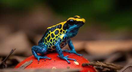 Fototapeta premium Brightly colored frog perched on a red surface