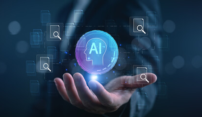 Business professional using AI powered document search in DMS system. Intelligent data indexing,...