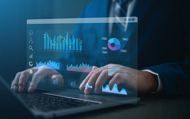 Business analyst reviewing web and data analytics dashboard . Digital marketing metrics, performance reports, KPI monitoring and business intelligence visualization for strategic decision making.