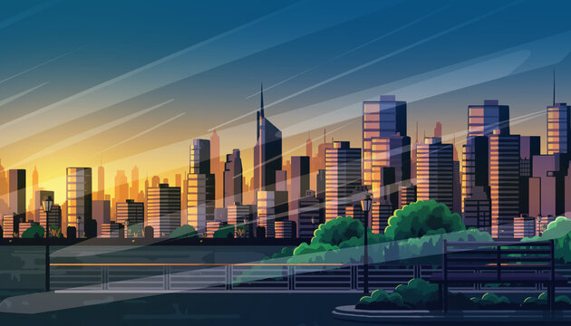 illustration de skyline urbaine au coucher du soleil style vectoriel