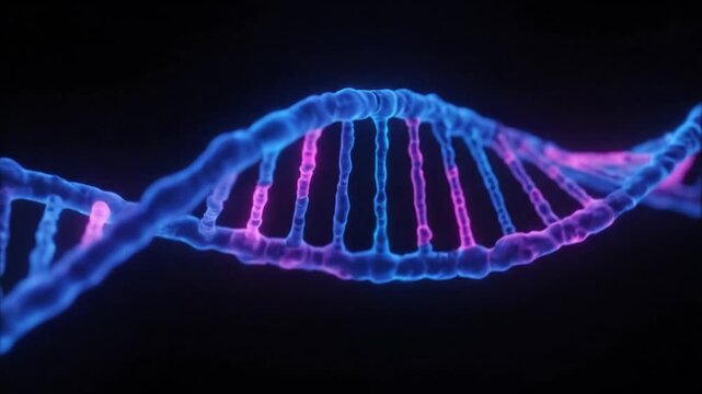 Glowing blue and pink DNA double helix structure on dark background