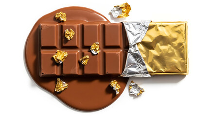 Melting Chocolate Bar Closeup Wrapped in Gold Foil Delicious Dessert Food Photography Image Stock Macro, 4K image 