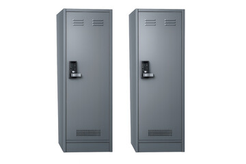 Two modern gray steel lockers featuring digital keypad locks, offering secure storage in changing rooms, gyms, or offices