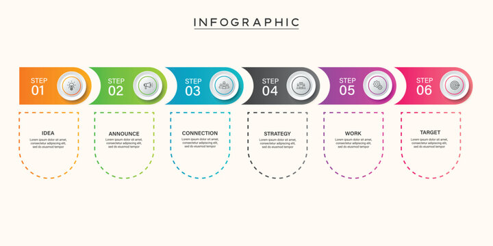  6 Steps Progress Bar Infographic with Lower Text Boxes and Vibrant Colors.