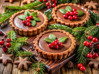 Festive chocolate tarts adorned with red currants and mint leaves, perfect for holiday celebrations