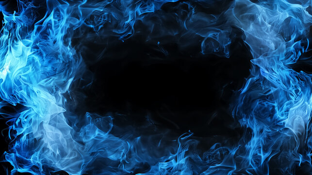 Abstract blue flame frame with glowing fire and smoky energy swirling around a dark background. Vibrant cyan and orange light create a dramatic fiery border effect,