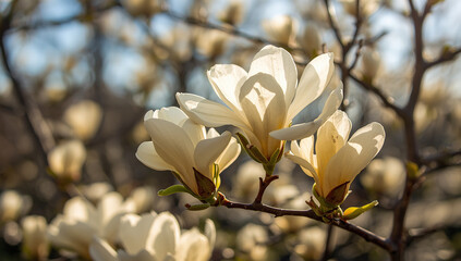 Close-up of blooming magnolia flowers on tree branches, creamy white petals