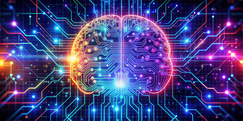 A brain filled with circuit patterns and bright lights. The design emphasizes technology and connection in a vibrant digital space
