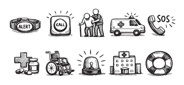 Sketch illustration of healthcare and elderly care themed icons, including alert bracelet, call button, assistance, ambulance, SOS, medication, and hospital. For healthcare promotion and support.