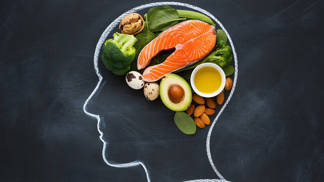 A creative illustration of a human head filled with healthy food for brain nutrition