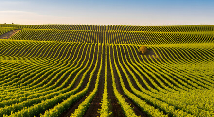 Fototapeta premium Vast undulating rows of green grapevines stretching across the Q