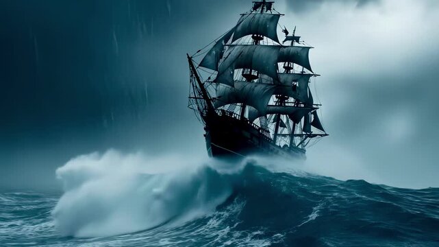 A majestic sailing ship navigates turbulent ocean waves under a stormy sky