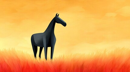 Horse standing still, Abstract Illustration of Black Horse in Vibrant Field at Sunset