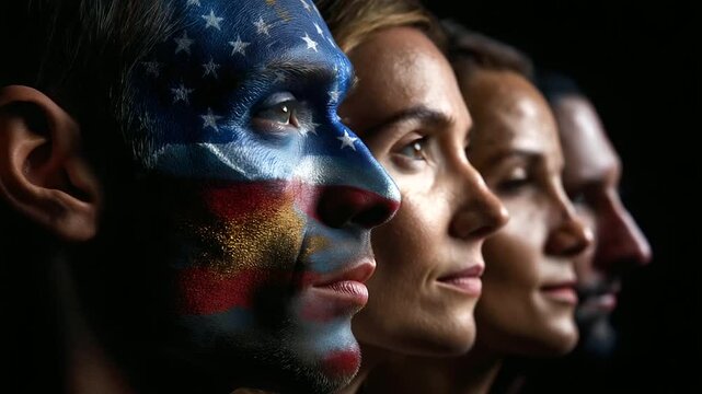 Faceless expressive portrait sequence showing flag face art on diverse model, national identity celebration, patriotic expression, with copy space