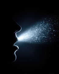 Fototapeta premium Silhouette of person expressing freedom and speech with glowing particles in air, symbolizing communication and creativity in dark background