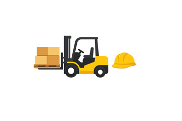 Naklejka premium This flat vector illustration features a yellow forklift transporting cardboard boxes on a pallet alongside a yellow construction hard hat, symbolizing warehouse logistics and safety.