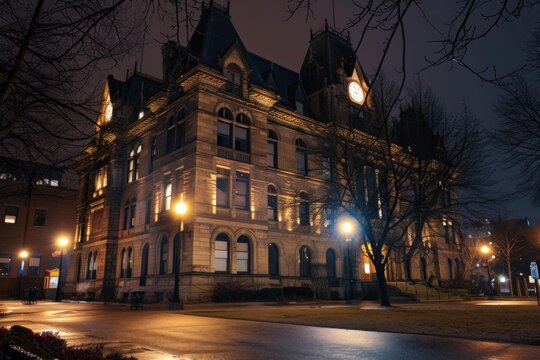 Allegheny county courthouse glowing at night in downtown pittsburgh, pennsylvania