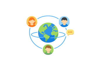 This flat vector illustration depicts a globe with three human profile icons linked by blue orbital lines and a speech bubble, symbolizing worldwide social networking and connectivity.