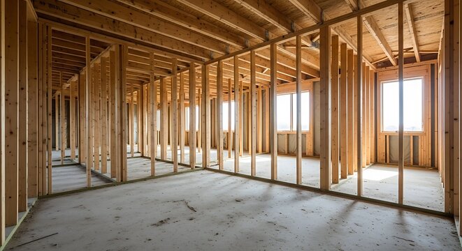 A room under construction with wooden framing and windows