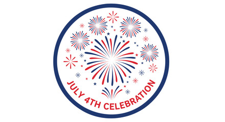 Patriotic July 4th Celebration icon. Includes fireworks, stars, and red, white, and blue colors. Created in vector style with festive palette.