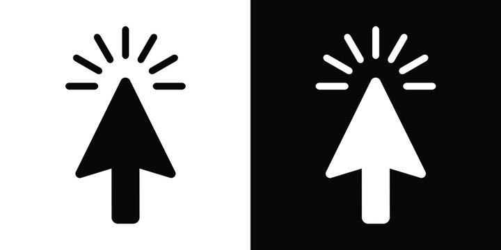 Bold solid upward arrow cursor icon with click rays. Clean black and white graphic for software navigation, selection tools, and interactive digital buttons. Professional flat design vector.