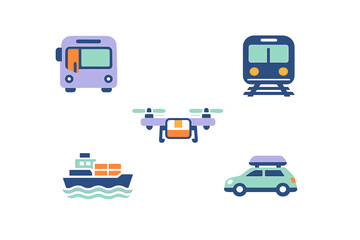 A collection of five stylized transportation icons including a bus, train, delivery drone, cargo ship, and a car with a roof rack, presented as stickers on a dark background.