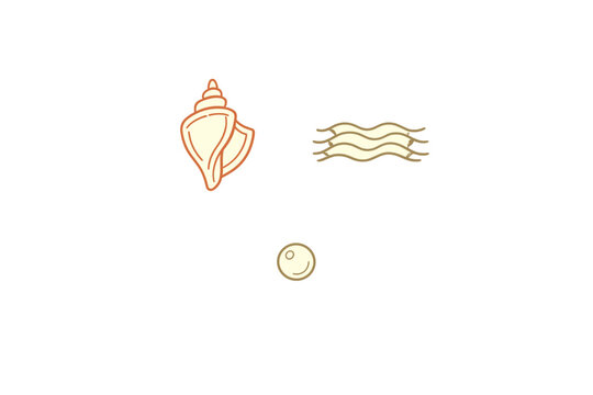 A minimalist illustration featuring a cream colored conch shell, stylized wavy water lines, and a small pearl set against a solid black background. Simple marine themed icons.