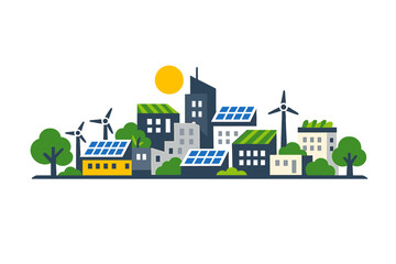 Obraz premium A flat vector illustration of a sustainable city featuring buildings with solar panels, wind turbines, green roofs, and trees under a bright yellow sun on a black background.