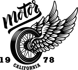 A vintage motorcycle emblem featuring a spoked wheel with dynamic spread wings and "Motor" script. This California-themed design from 1978 is perfect for biker apparel.