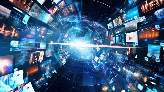 Digital contents concept. Social networking service. Streaming video. NFT. Non-fungible token. Wide angle visual for banners or advertisements.