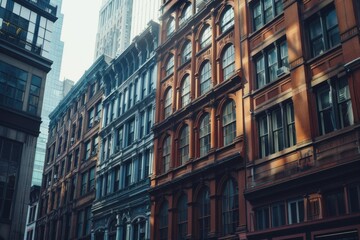 Obraz premium Low angle view of colorful cast iron buildings in soho, manhattan, new york city, reflecting warm sunlight